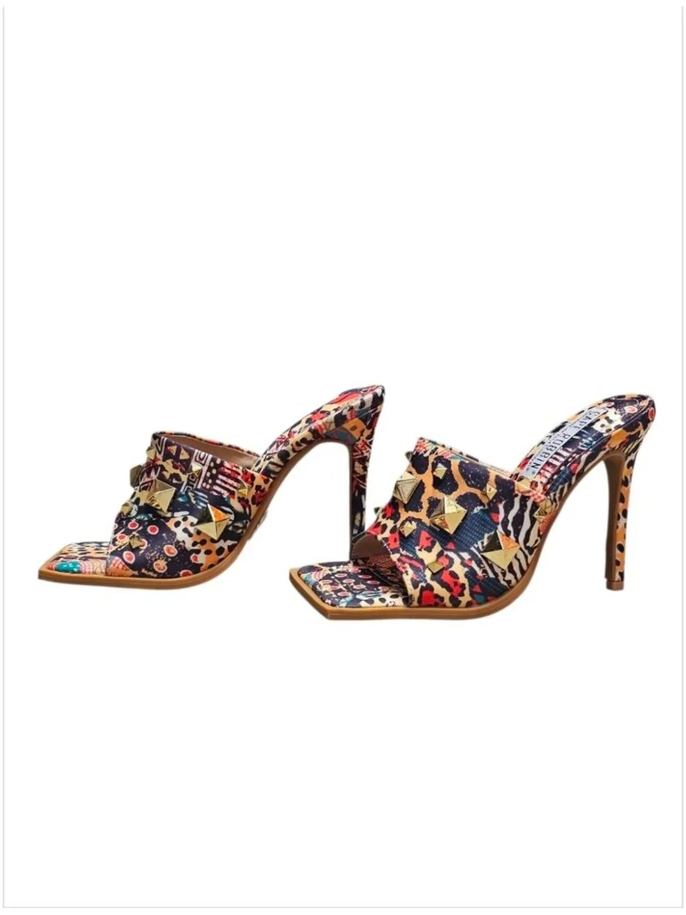 Cape Robbin Gold Studded Multicolor Printed High Heel Mules With Open Toe Womens - Picture 7 of 14